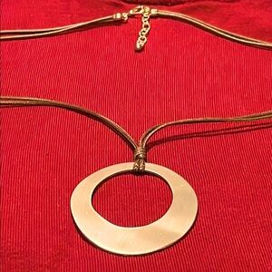 🇮🇹🇮🇹🇮🇹Gold Circle Pendant on Double Brown Leather Cord w/Adjustable Clasp